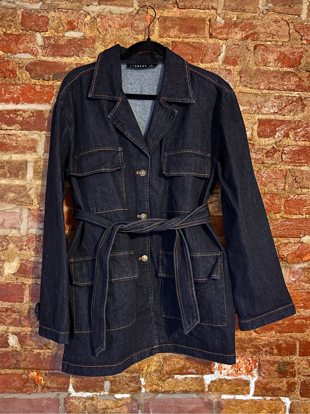 Revolve Lioness Dark Indigo Denim Utility Trench Jacket with Belt